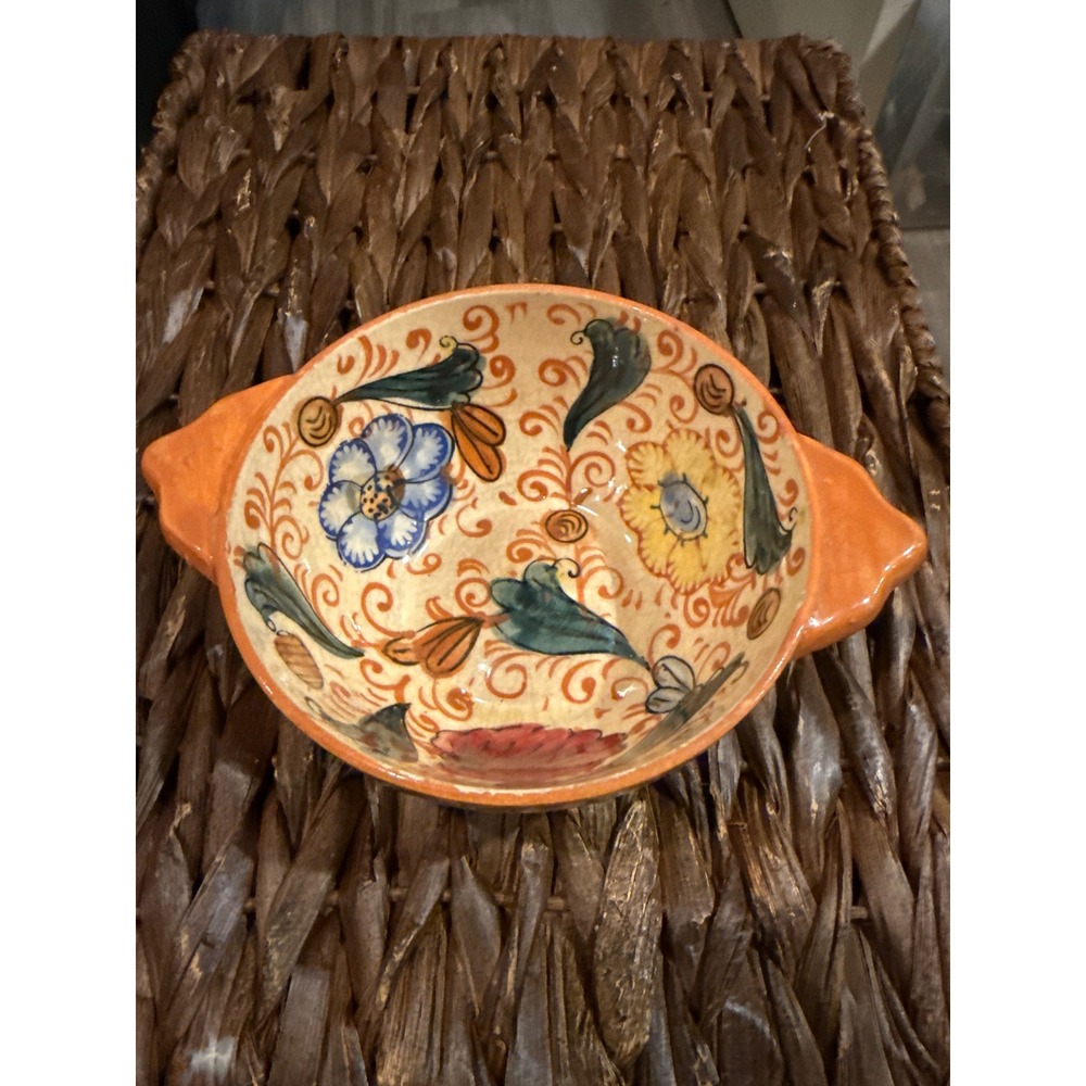 Antique Japan Pottery Hand Painted Double Handled Serving Bowl Floral 6.5"x2.75"